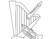 Dibuix de Arpa, flauta i trompeta per pintar