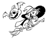Dibuix de Bruixeta i carbassa de Halloween per pintar