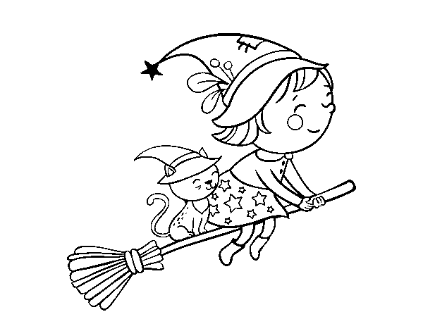 Dibuix de Bruixeta volant amb la seva escombra per Pintar on-line