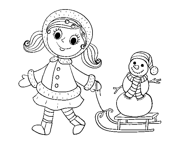 Dibuix de Nena amb trineu i ninot de neu per Pintar on-line