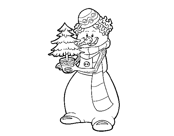 Dibuix de  Ninot de neu amb arbre de Nadal per Pintar on-line