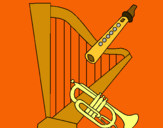 Dibuix Arpa, flauta i trompeta pintat per aura i gil