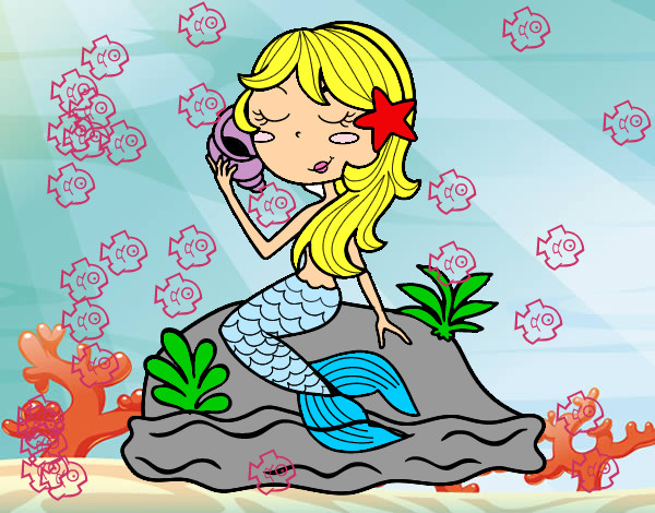 Dibuix Sirena asseguda en una roca amb un cargol pintat per superrita
