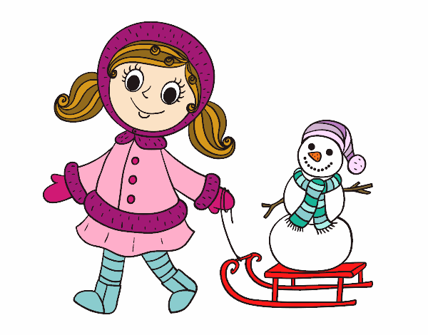 Nena amb trineu i ninot de neu