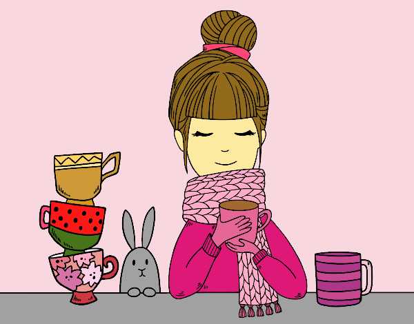 Noia amb bufanda i tassa de te