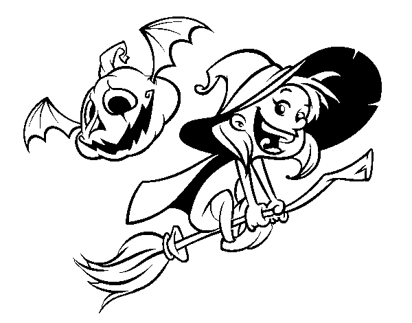 Dibuix de Bruixeta i carbassa de Halloween per Pintar on-line