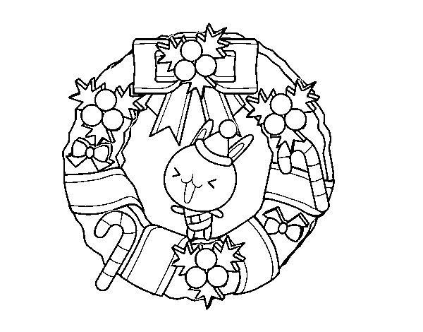Dibuix de Corona nadalenca i conillet per Pintar on-line