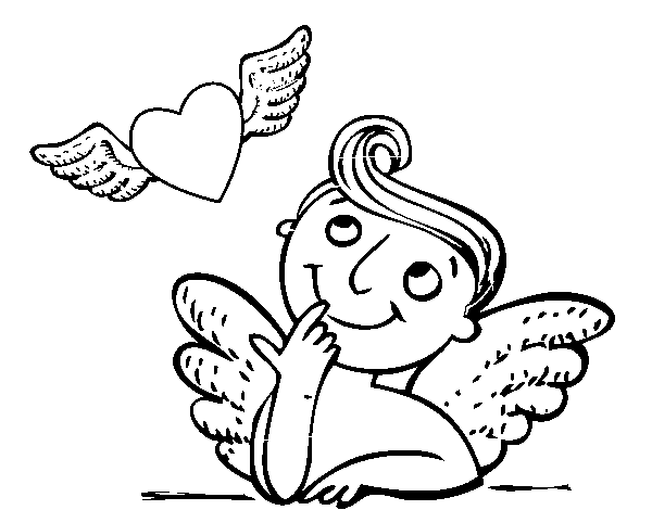 Dibuix de Cupido i cor amb ales per Pintar on-line