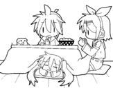 Dibuix de Miku, Rin i Len esmorzant per pintar