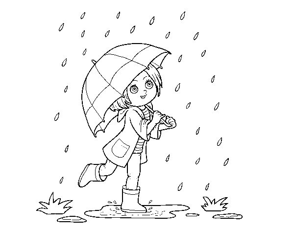 Dibuix de Nena amb paraigües sota la pluja per Pintar on-line