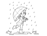 Dibuix de Nena amb paraigües sota la pluja per pintar