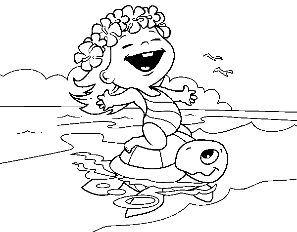 Dibuix de Nena amb tortuga de mar per Pintar on-line