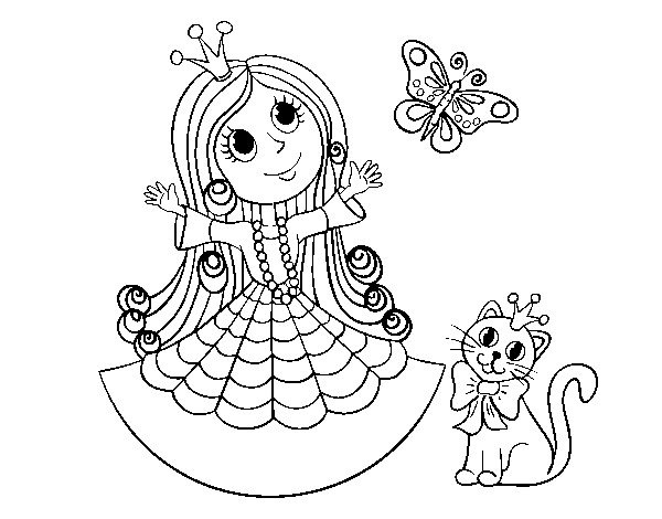 Dibuix de Princesa amb gat i papallona per Pintar on-line
