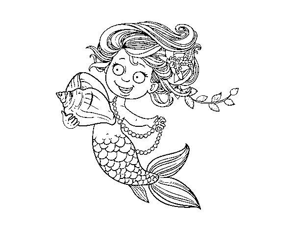 Dibuix de Sirena amb cargol de mar i perles per Pintar on-line