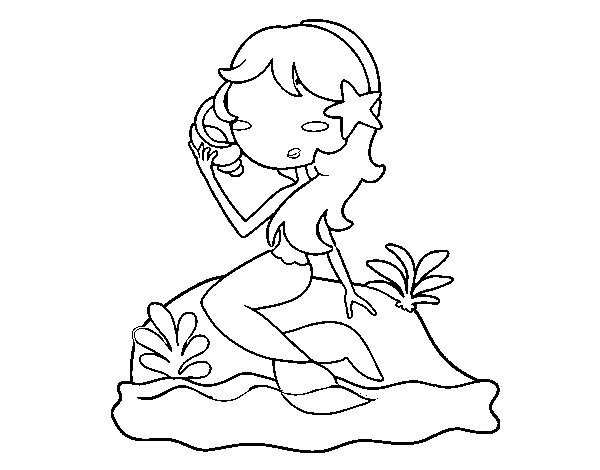 Dibuix de Sirena asseguda en una roca amb un cargol per Pintar on-line