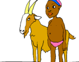 Dibuix Cabra i nen africà pintat per nen i cabreta
