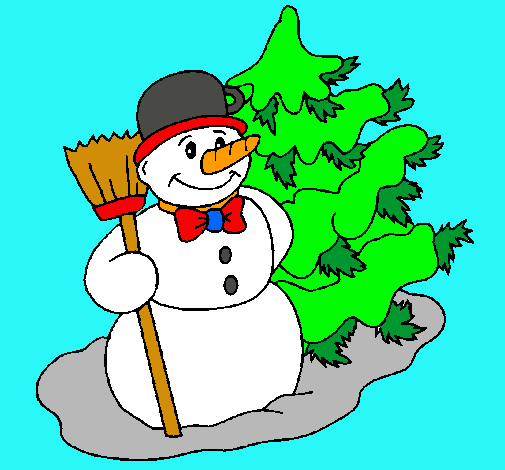 Dibuix Ninot de neu i arbre nadalenc  pintat per anònim