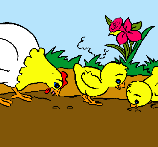 Dibuix Gallina i pollets pintat per ETNA