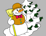 Dibuix Ninot de neu i arbre nadalenc  pintat per muñeco de nieve