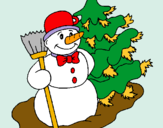 Dibuix Ninot de neu i arbre nadalenc  pintat per bon nadal