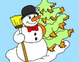 Dibuix Ninot de neu i arbre nadalenc  pintat per pol