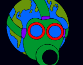 Dibuix Terra amb màscara de gas pintat per polc