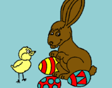Dibuix Pollet, conillet i ous pintat per bru
