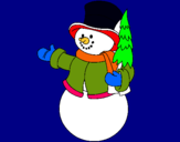 Dibuix ninot de neu amb arbre pintat per miquel