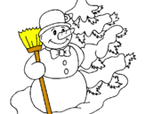 Dibuix Ninot de neu i arbre nadalenc  pintat per ninot de neu