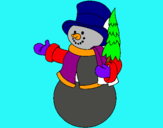 Dibuix ninot de neu amb arbre pintat per ninot de neu