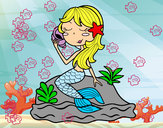 Dibuix Sirena asseguda en una roca amb un cargol pintat per superrita